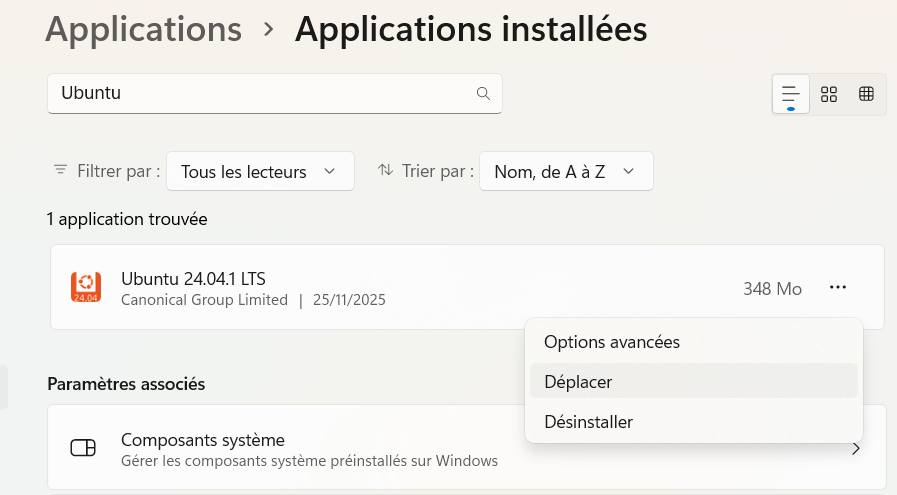 Interface de la liste des applications installées où il est possible de paramétré Ubuntu WSL