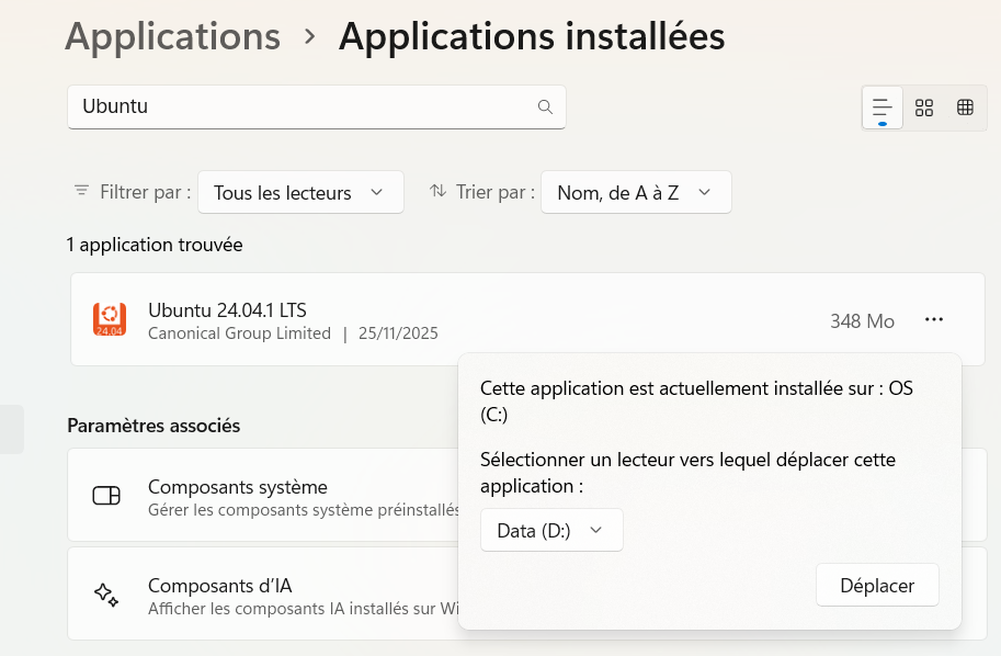 Sélection de la partition de destination pour Ubuntu WSL